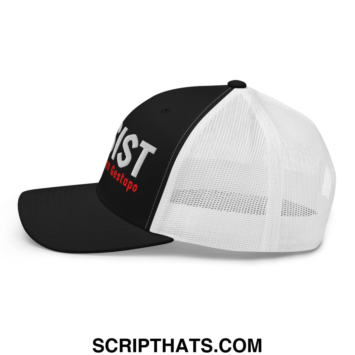 Black and white resist the American Gestapo embroidered mesh trucker hat with bold white syst and red on gestapo lettering