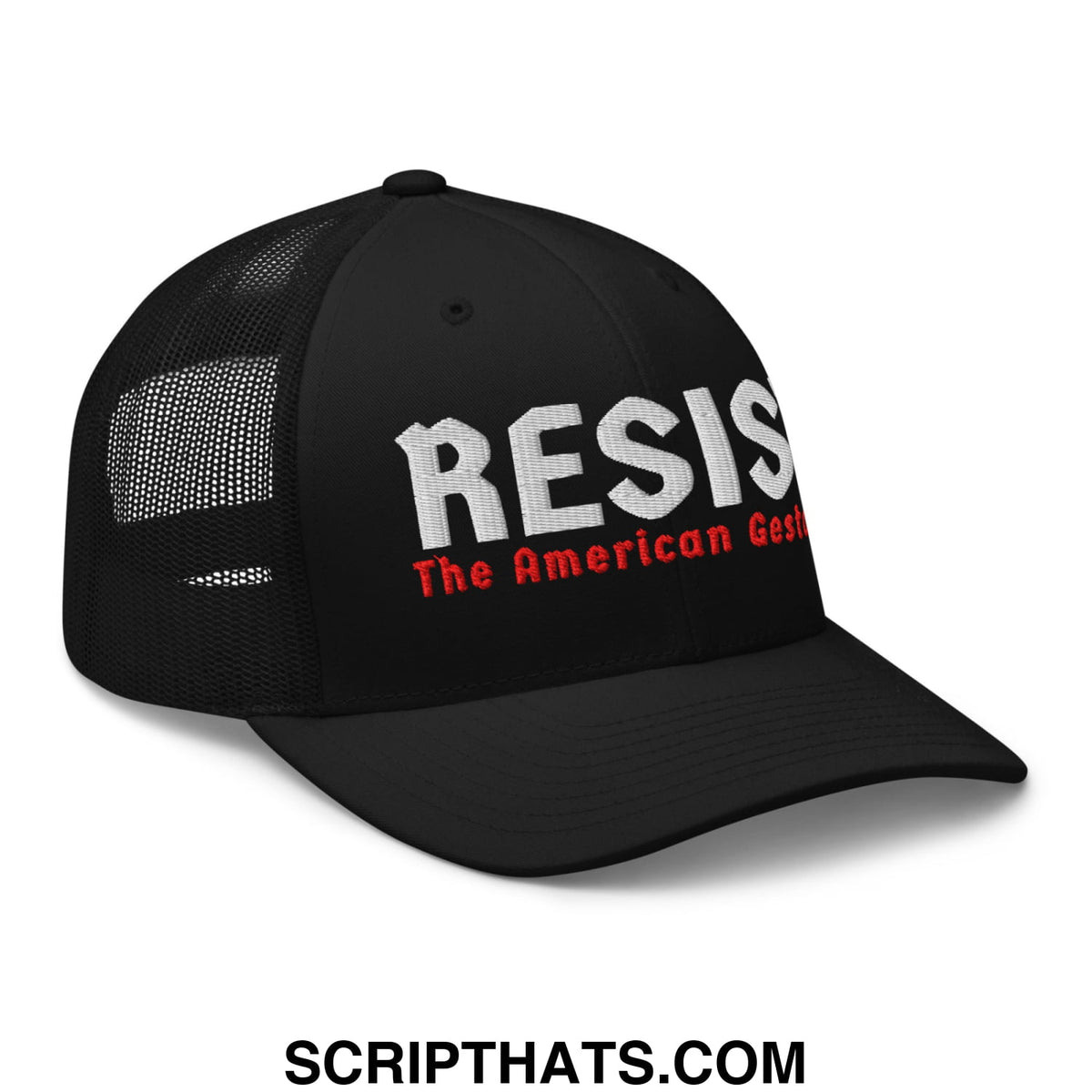 Black mesh trucker hat with white and red embroidered text reading resist the american gestapo on the front
