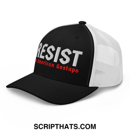 Black and white resist the american gestapo embroidered mesh trucker hat with bold lettering and mesh back panel