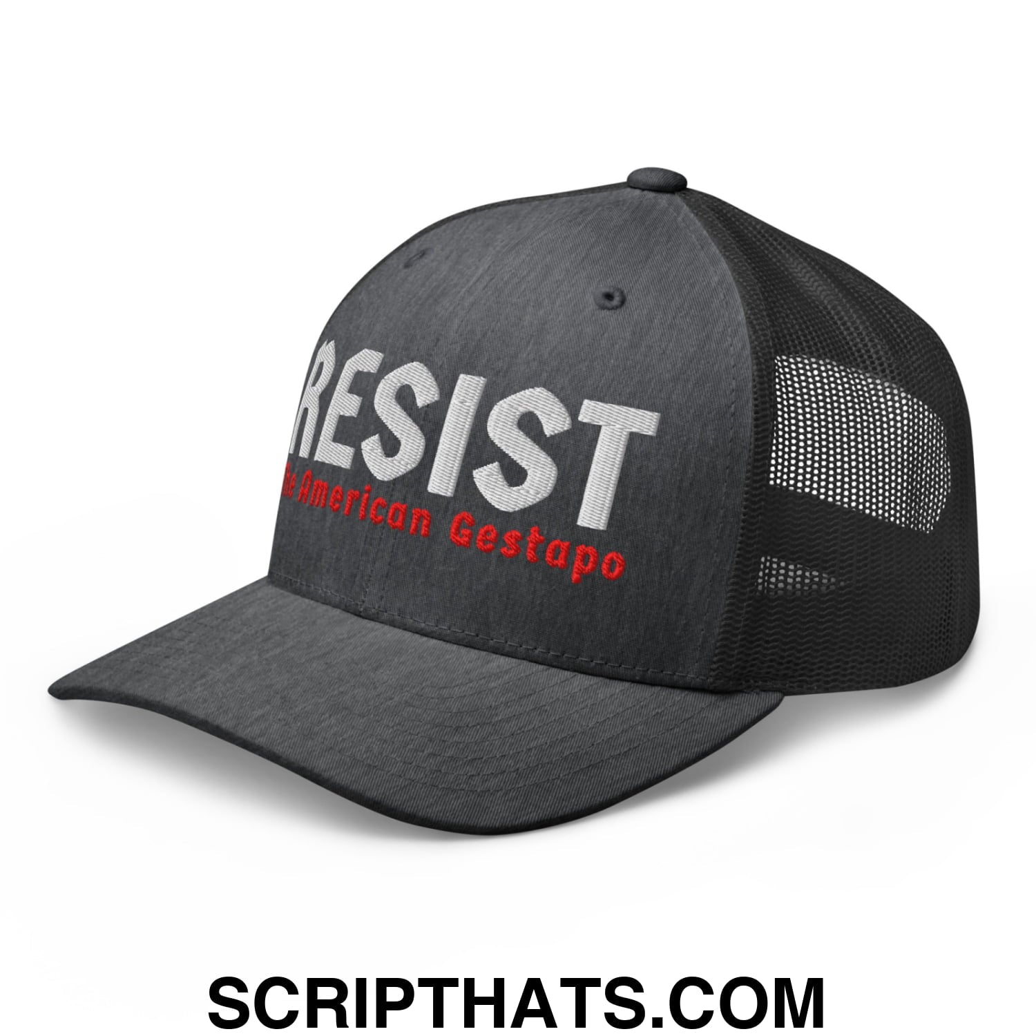 Resist The American Gestapo Embroidered Mesh Trucker Hat Dark Heather Gray