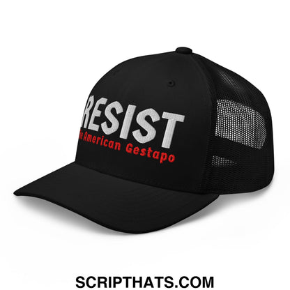 Black mesh trucker hat with resist white embroidery and the american gestapo red text below on front panel