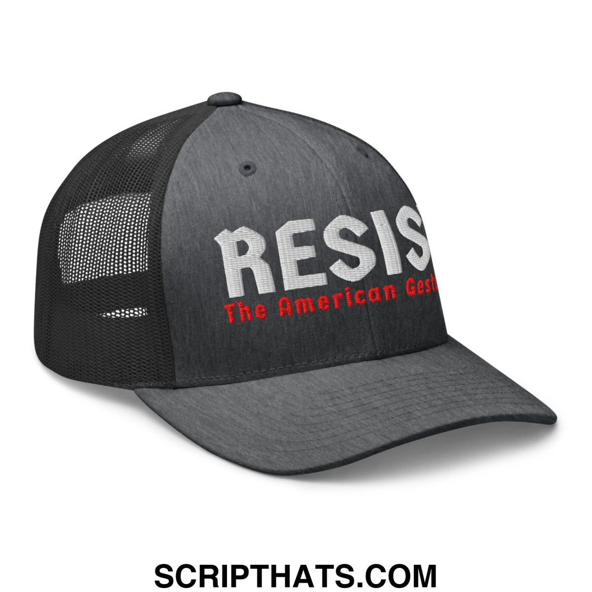 Black mesh trucker hat with resist white embroidery and the american gestapo in red below on front panel