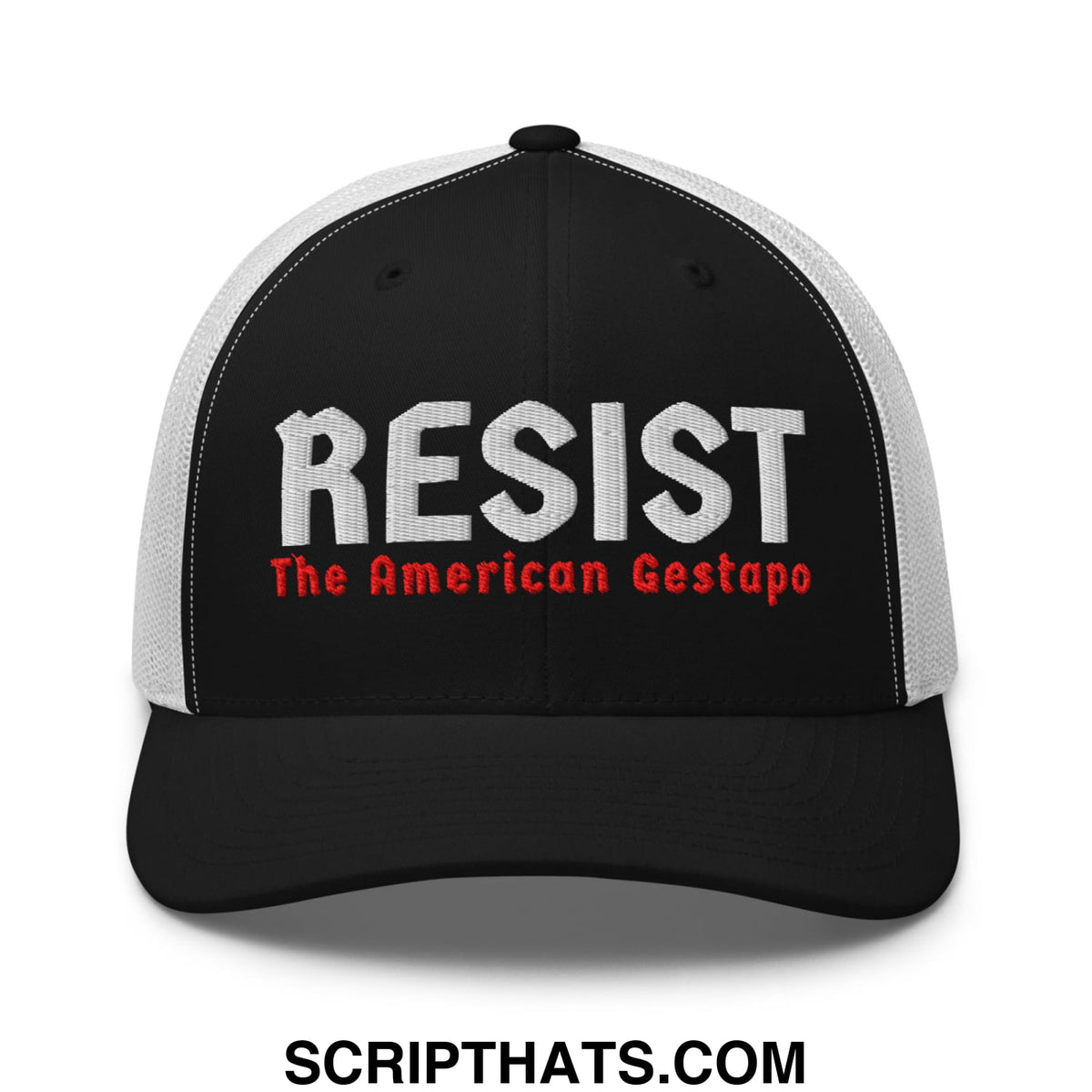 Black and white mesh trucker hat with resist embroidered in bold white letters above red the american gestapo text