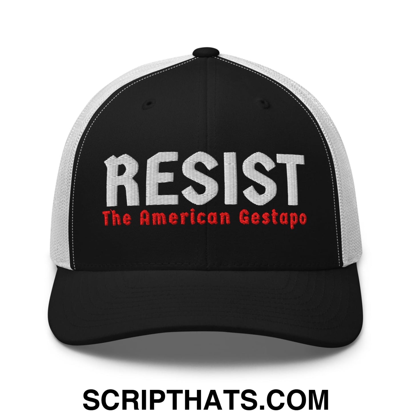 Resist The American Gestapo Embroidered Mesh Trucker Hat Black White