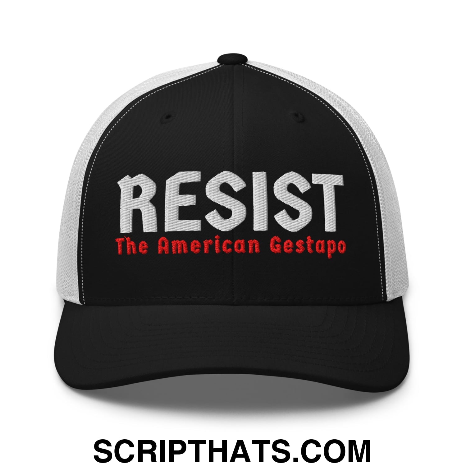 Resist The American Gestapo Embroidered Mesh Trucker Hat Black White