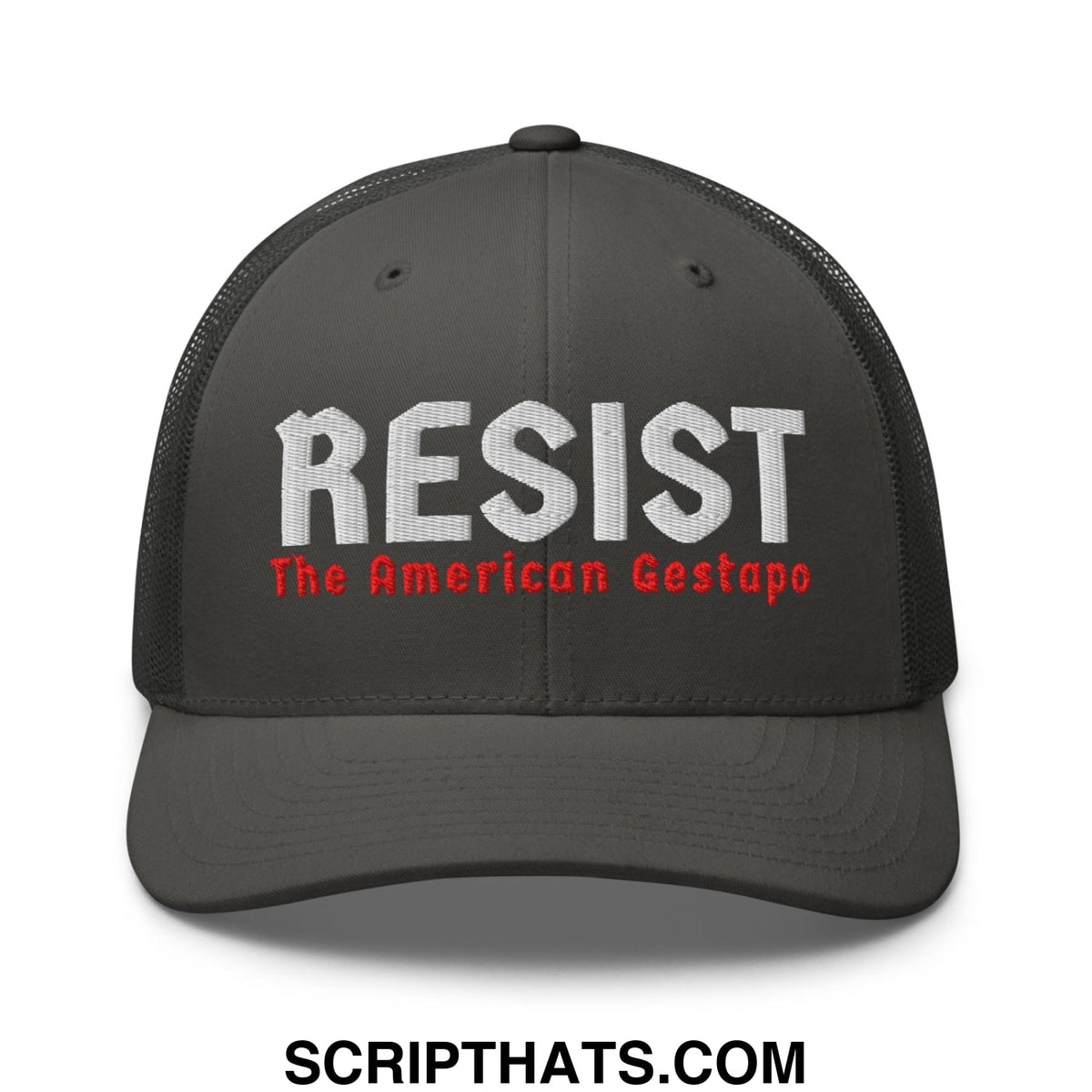 Dark gray mesh trucker hat with resist embroidered in white and the american gestapo in red below it