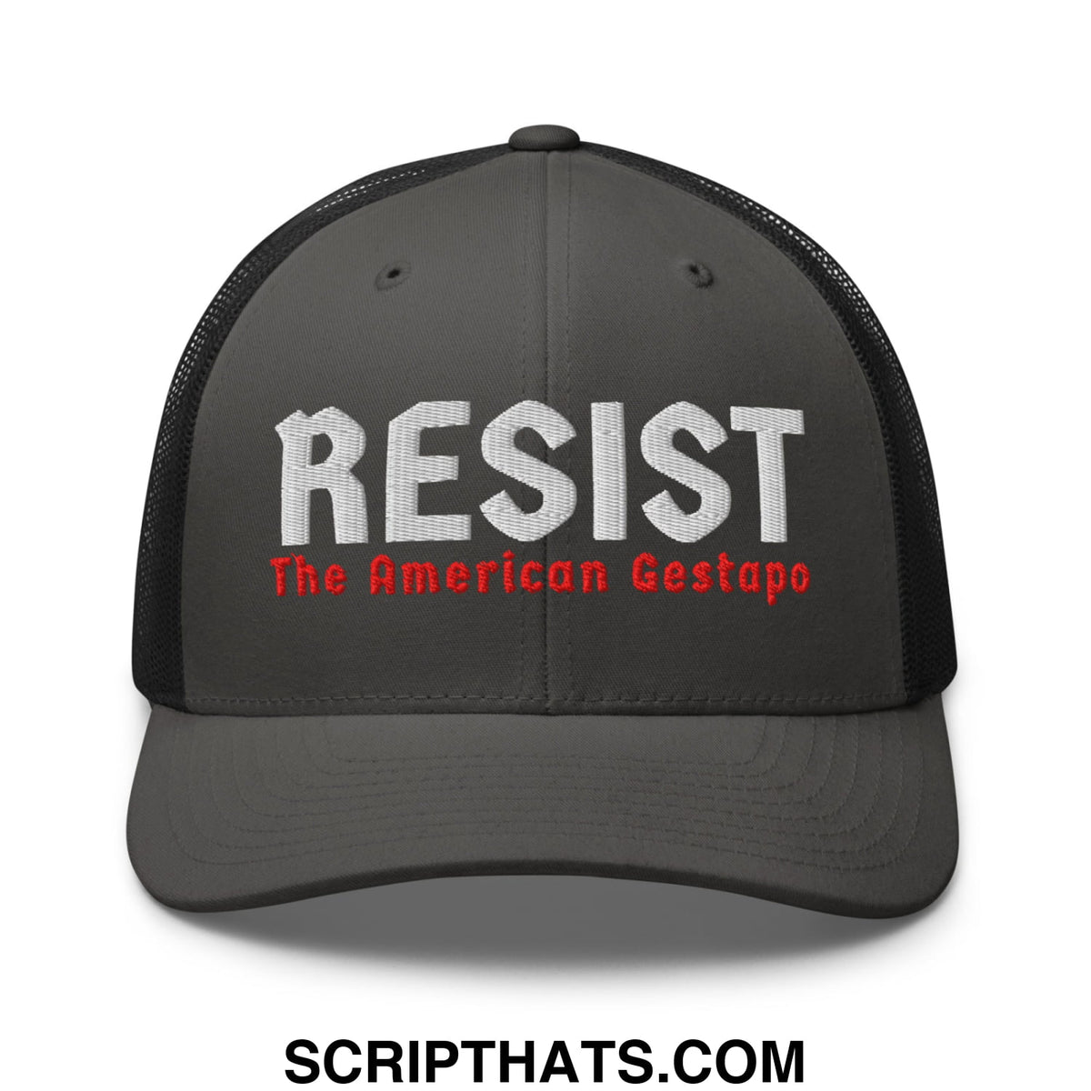 Dark gray mesh trucker hat with resist embroidered in white and the american gestapo in red below it