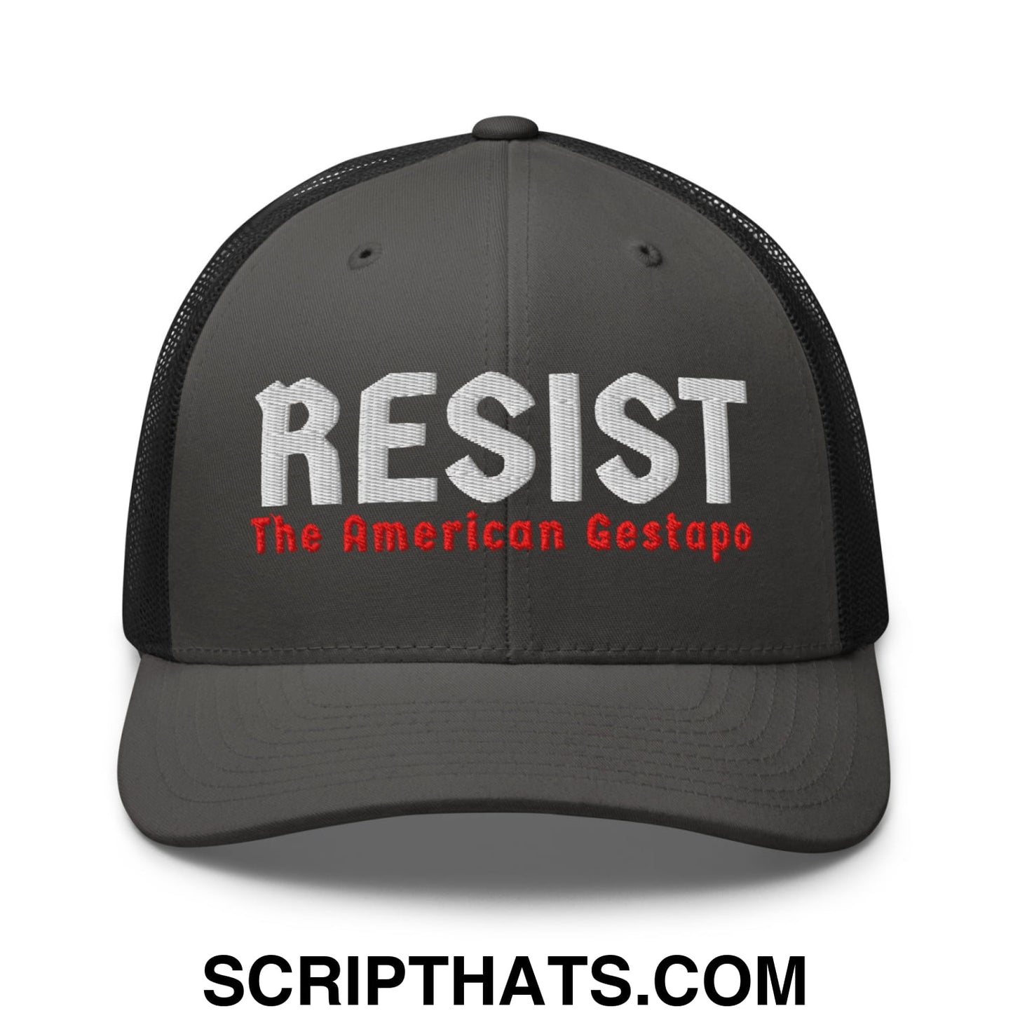 Resist The American Gestapo Embroidered Mesh Trucker Hat Charcoal Black