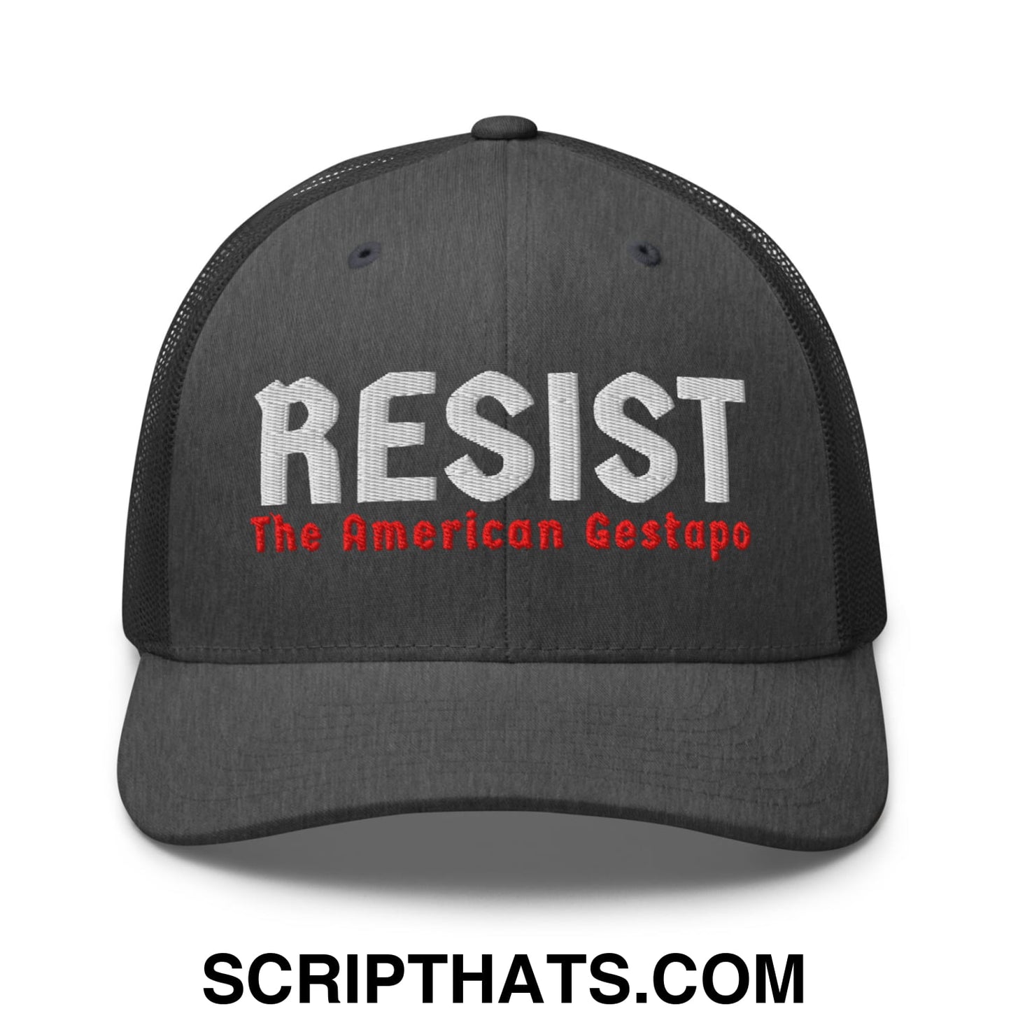 Resist The American Gestapo Embroidered Mesh Trucker Hat Dark Heather Gray