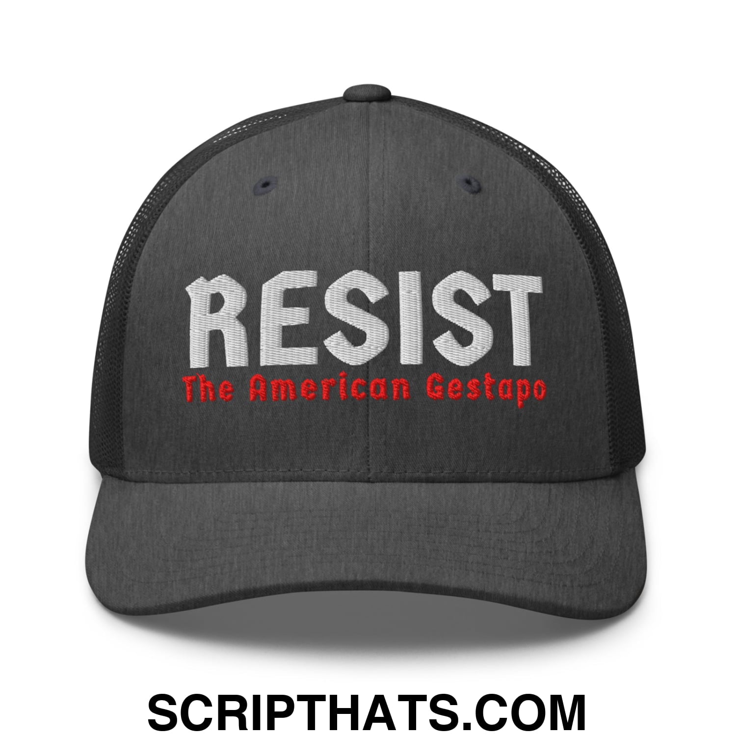 Resist The American Gestapo Embroidered Mesh Trucker Hat Dark Heather Gray