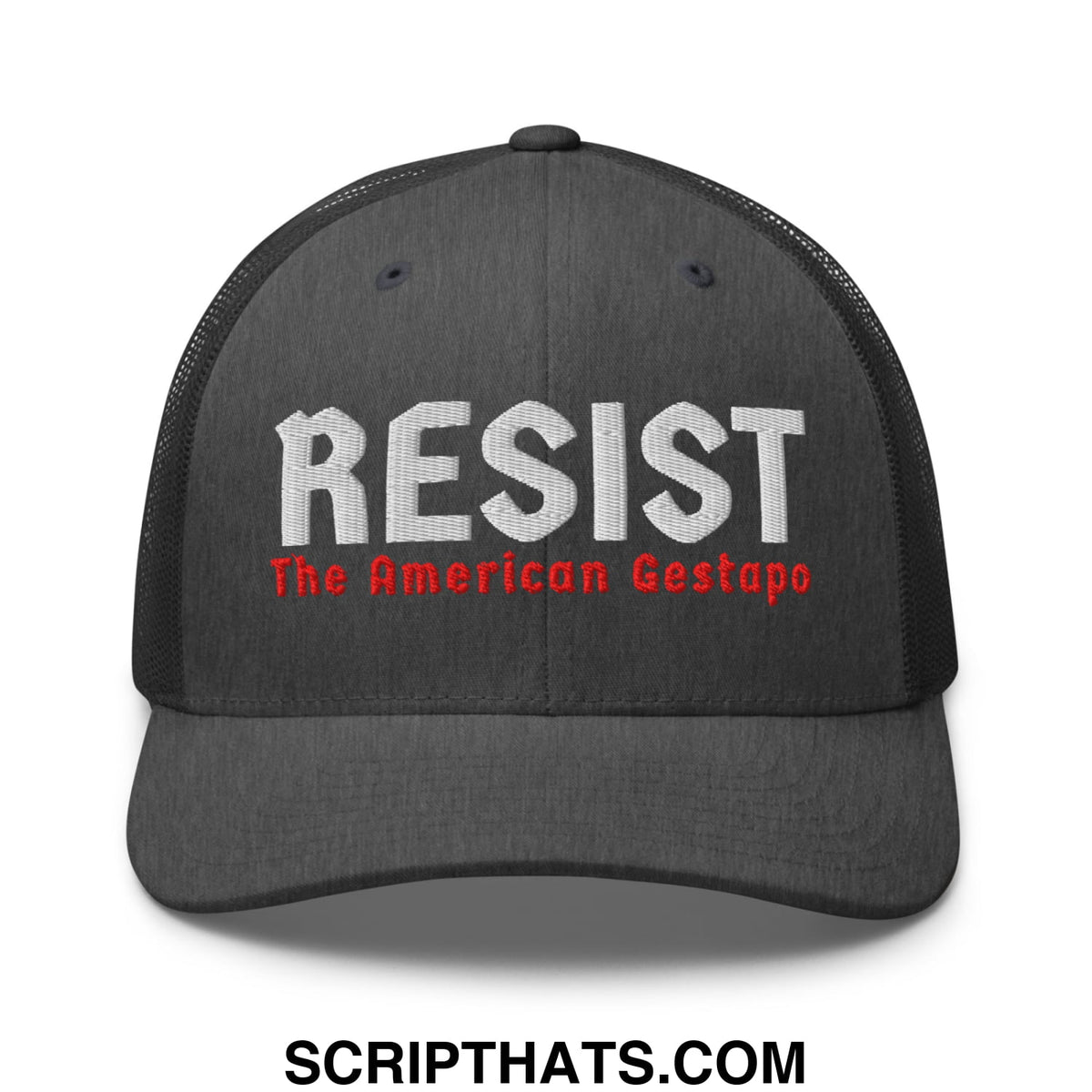 Black mesh trucker hat with embroidered white and red resist the american gestapo text on front panel