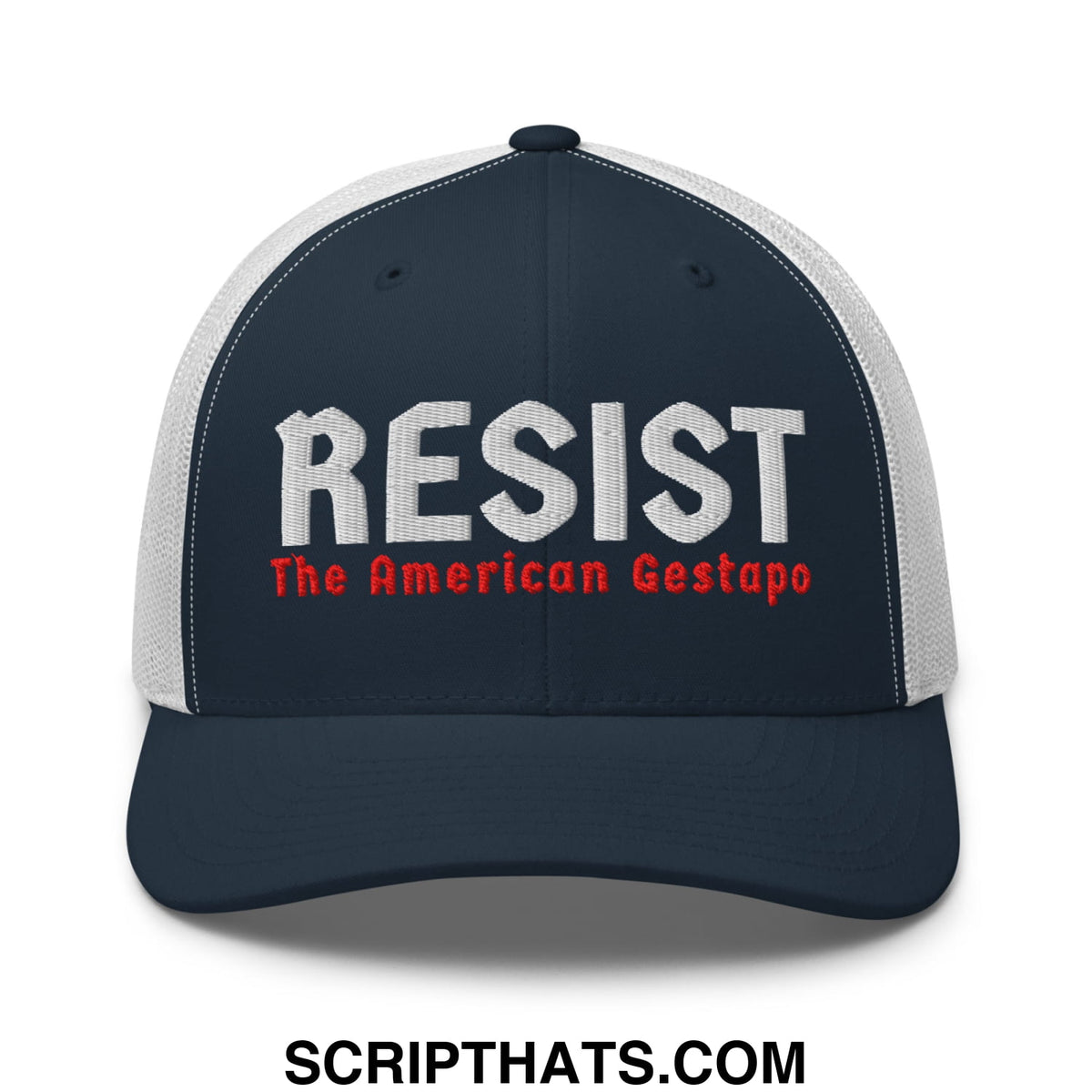 Dark blue and white mesh trucker hat embroidered with resist in bold white above red the american gestapo text