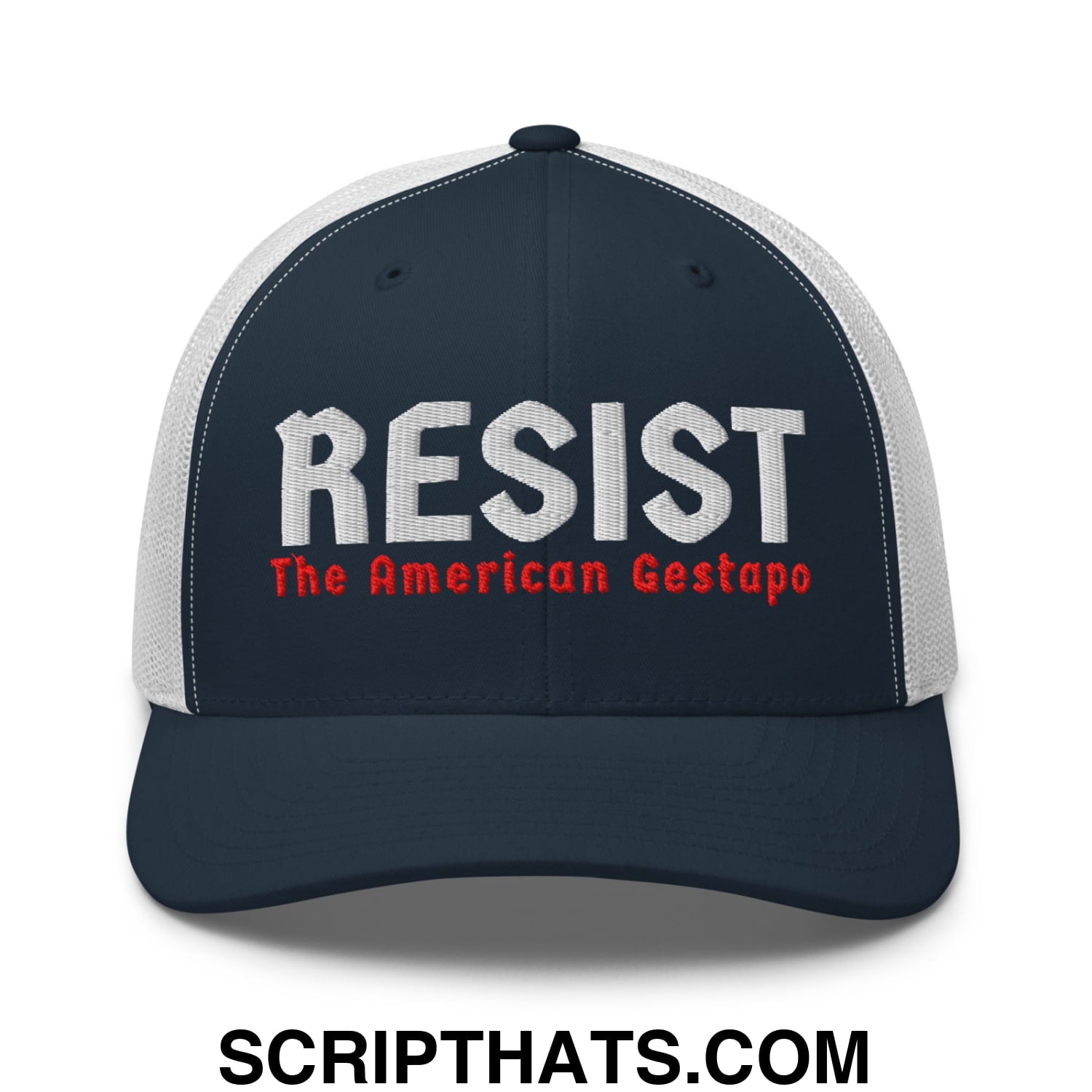 Resist The American Gestapo Embroidered Mesh Trucker Hat Navy White