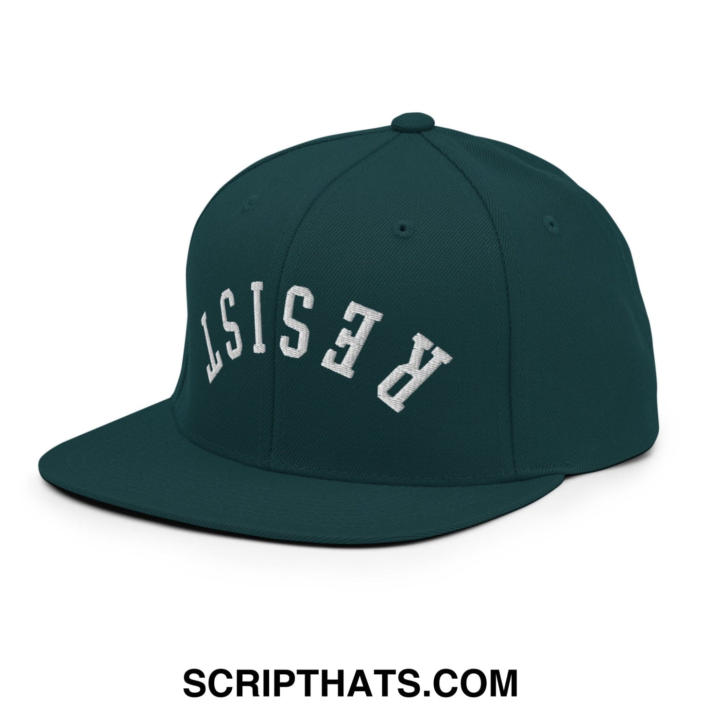 Resist Upside Down Embroidered Flat Bill Brim Snapback Hat Spruce