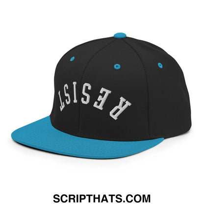 Resist Upside Down Embroidered Flat Bill Brim Snapback Hat Black Teal