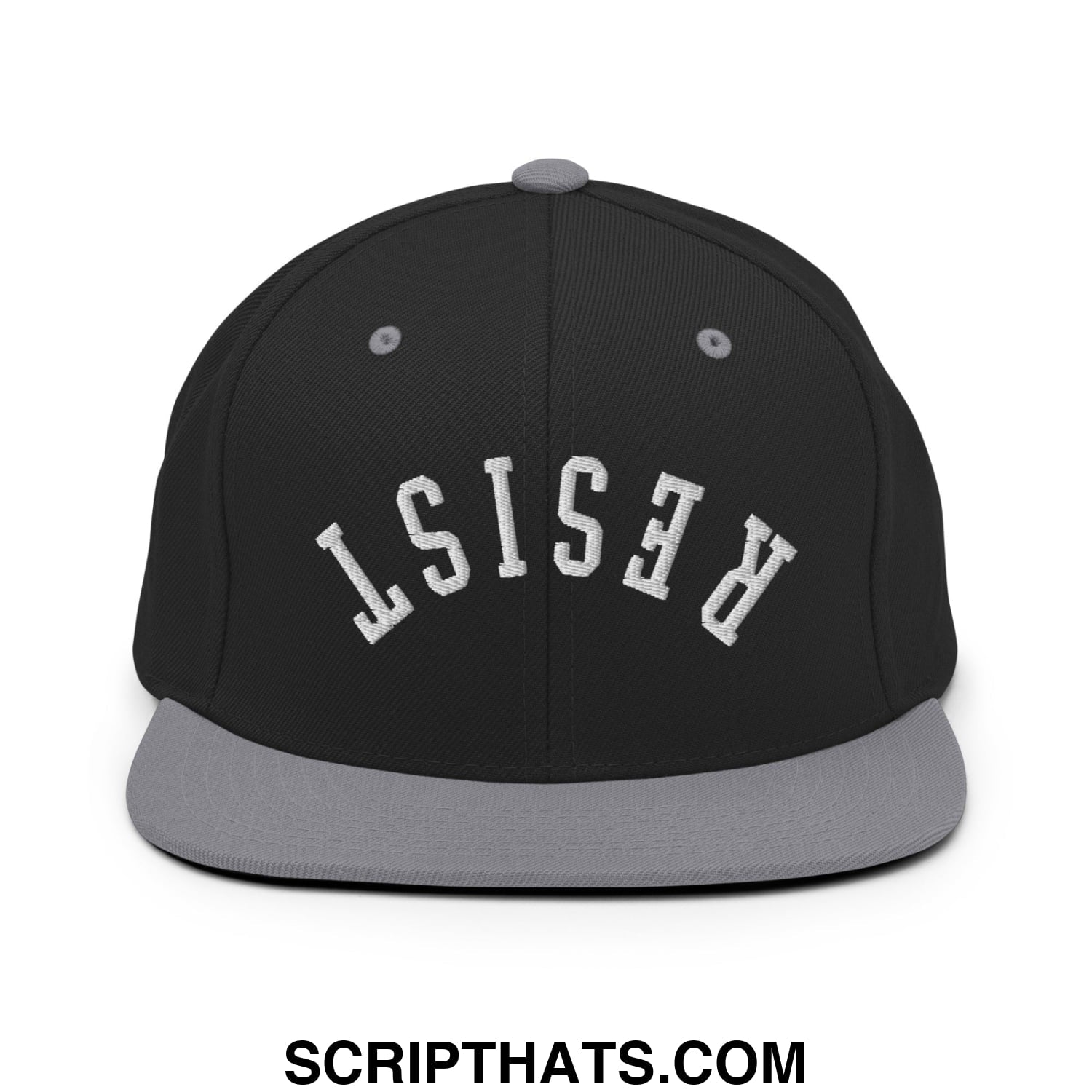 Resist Upside Down Embroidered Flat Bill Brim Snapback Hat Black Silver