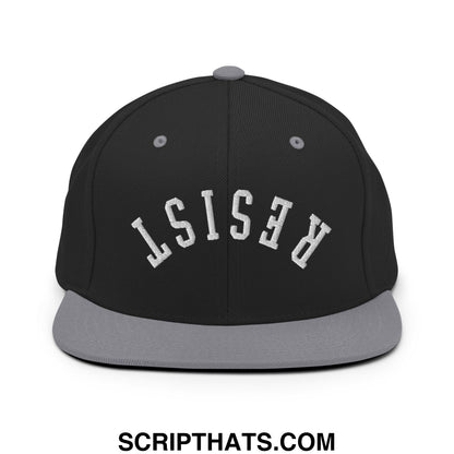 Resist Upside Down Embroidered Flat Bill Brim Snapback Hat Black Silver