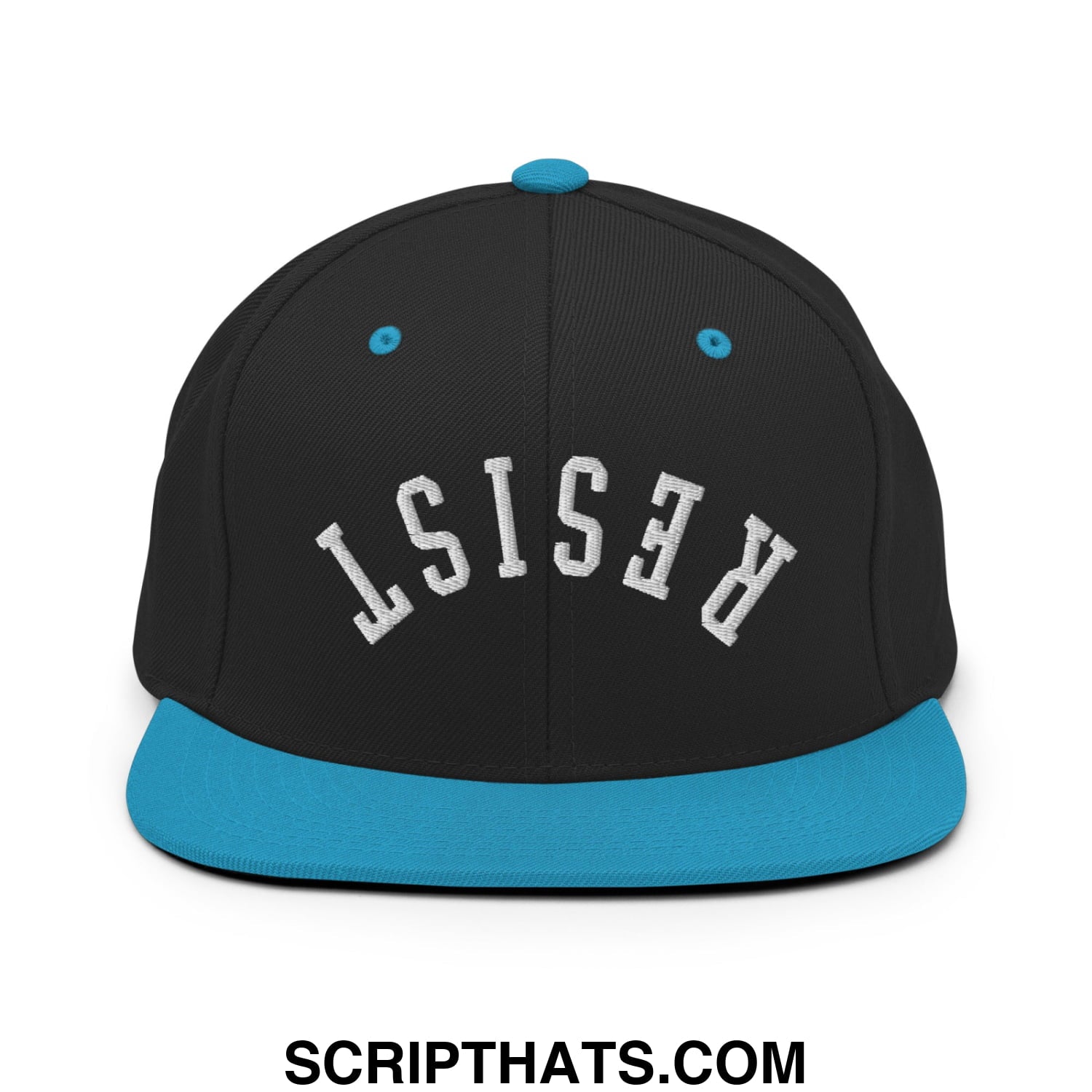 Resist Upside Down Embroidered Flat Bill Brim Snapback Hat Black Teal