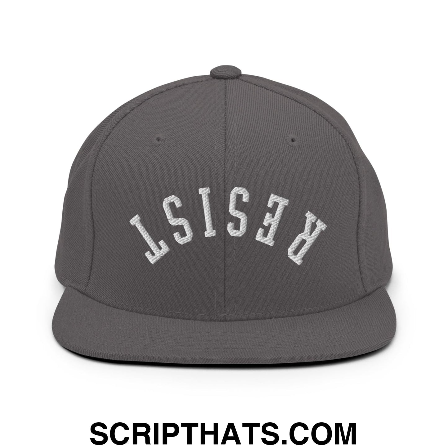 Resist Upside Down Embroidered Flat Bill Brim Snapback Hat Dark Grey