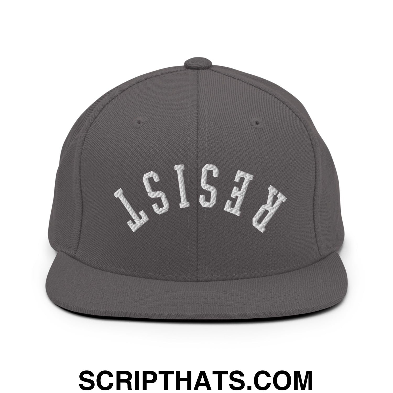 Resist Upside Down Embroidered Flat Bill Brim Snapback Hat Dark Grey