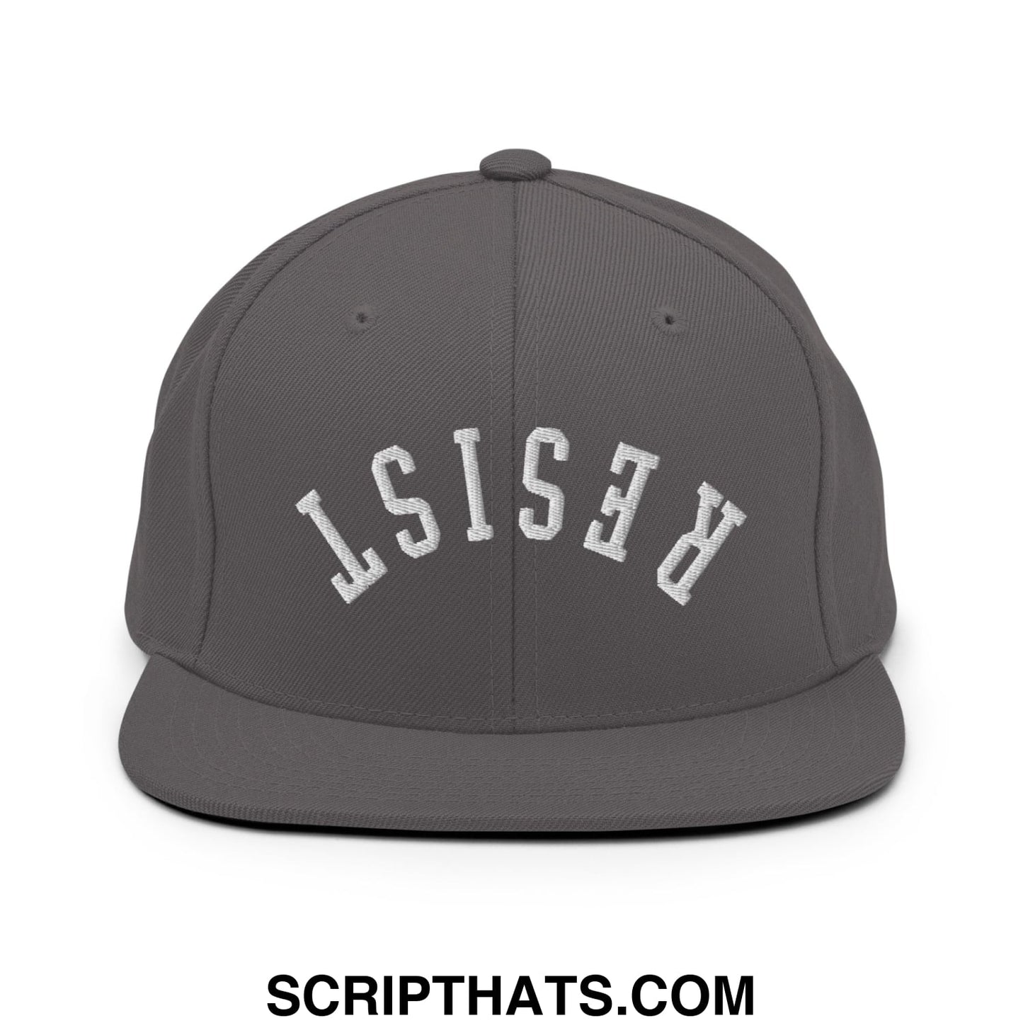 Resist Upside Down Embroidered Flat Bill Brim Snapback Hat Dark Grey