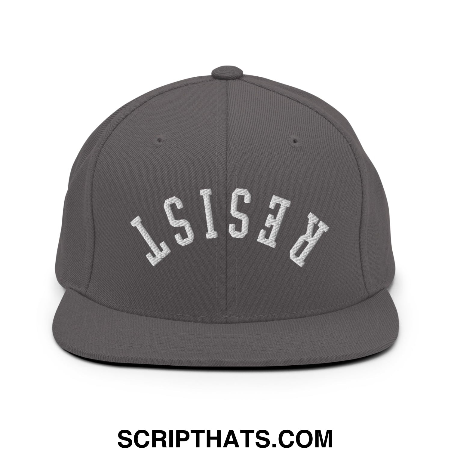 Resist Upside Down Embroidered Flat Bill Brim Snapback Hat Dark Grey
