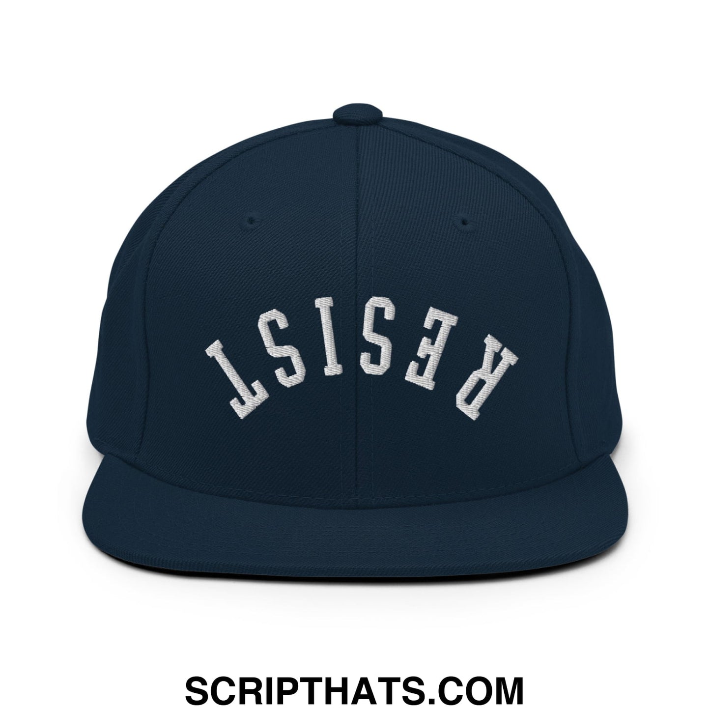 Resist Upside Down Embroidered Flat Bill Brim Snapback Hat Dark Navy