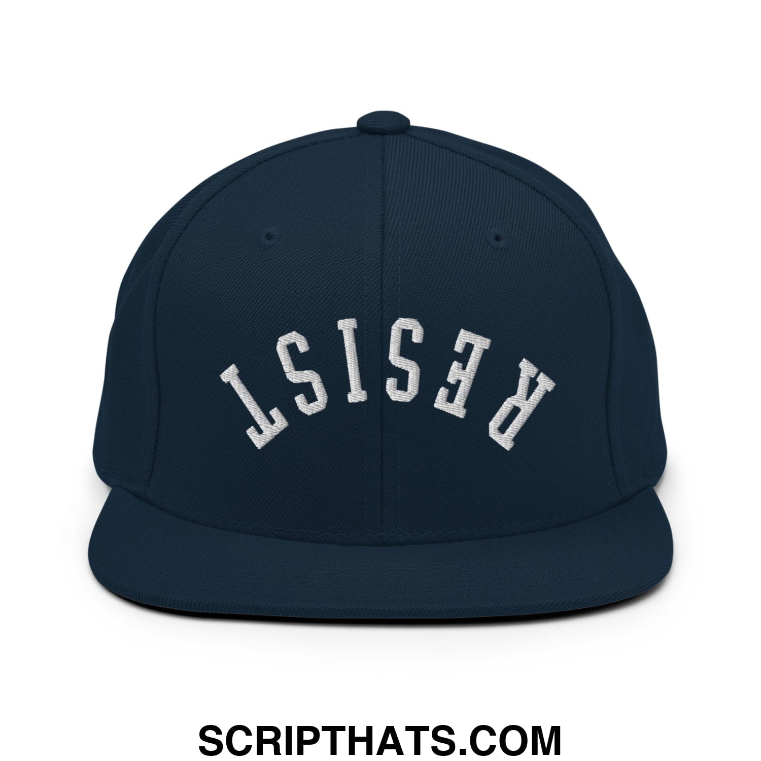 Resist Upside Down Embroidered Flat Bill Brim Snapback Hat Dark Navy