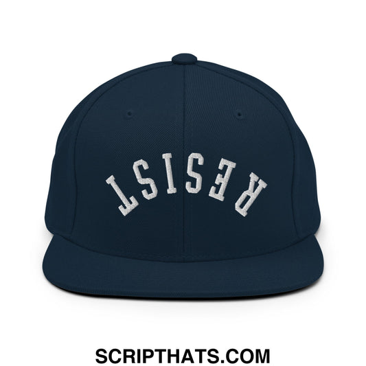 Resist Upside Down Embroidered Flat Bill Brim Snapback Hat Dark Navy