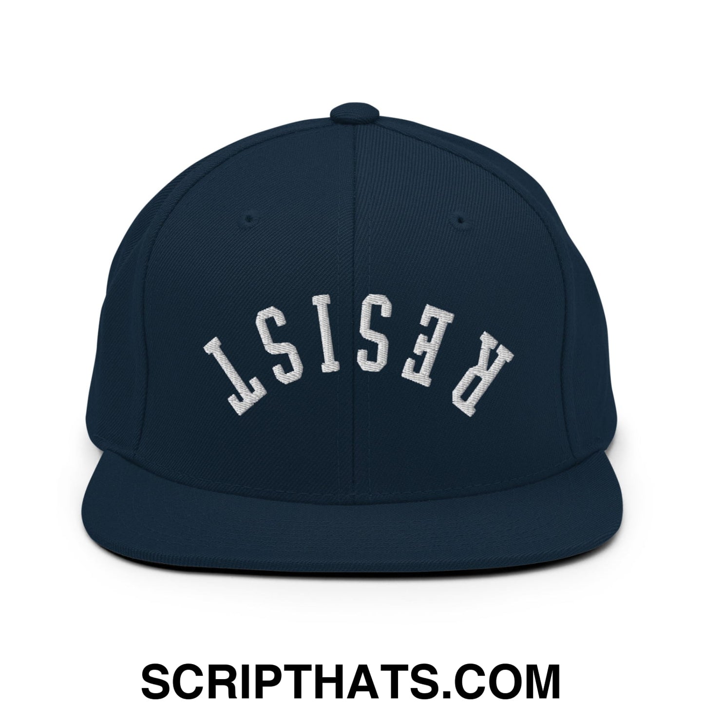Resist Upside Down Embroidered Flat Bill Brim Snapback Hat Dark Navy