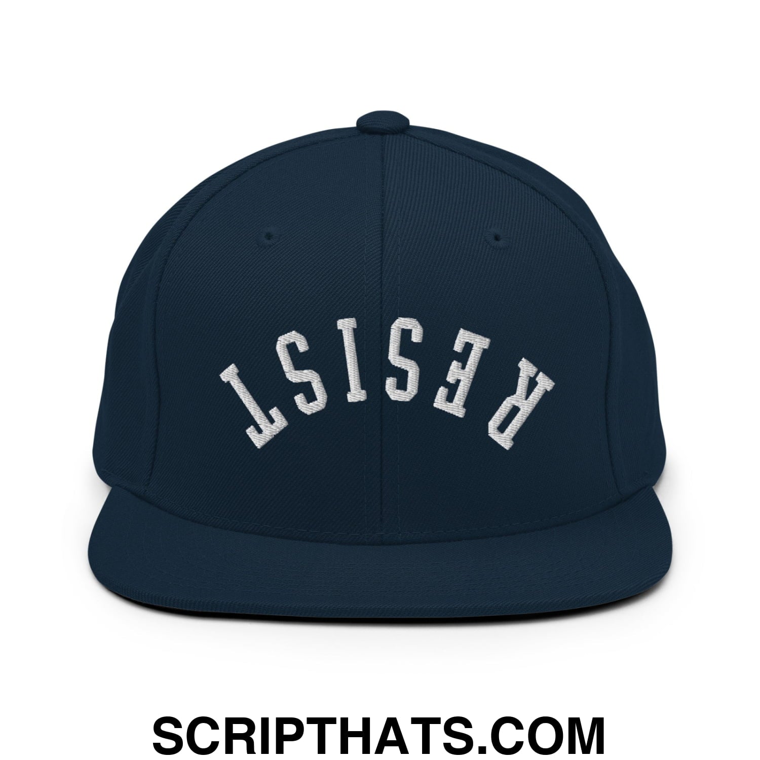 Resist Upside Down Embroidered Flat Bill Brim Snapback Hat Dark Navy