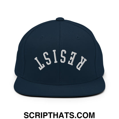 Resist Upside Down Embroidered Flat Bill Brim Snapback Hat Dark Navy