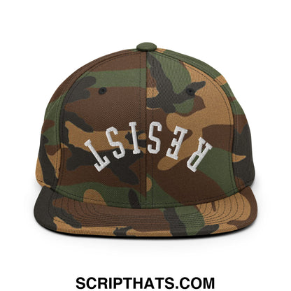 Resist Upside Down Embroidered Flat Bill Brim Snapback Hat Green Camo
