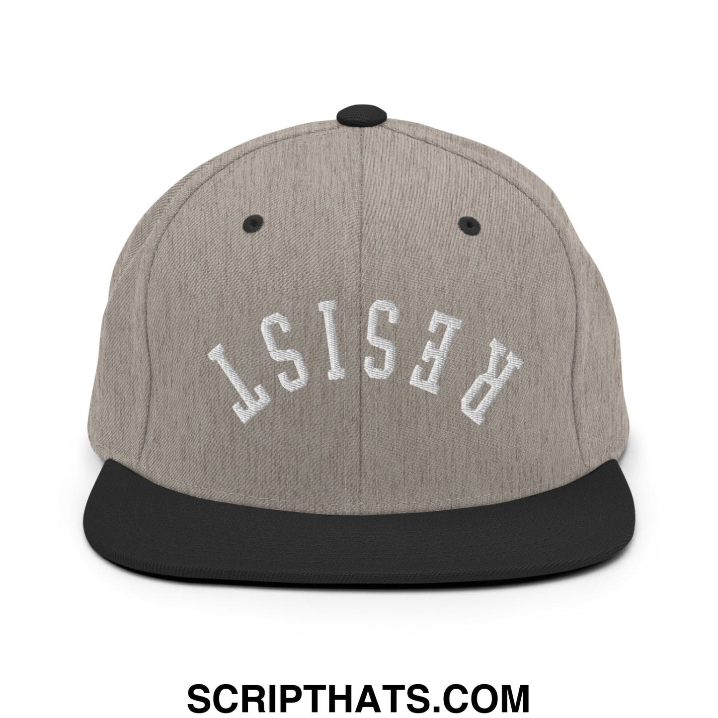 Resist Upside Down Embroidered Flat Bill Brim Snapback Hat Heather Black