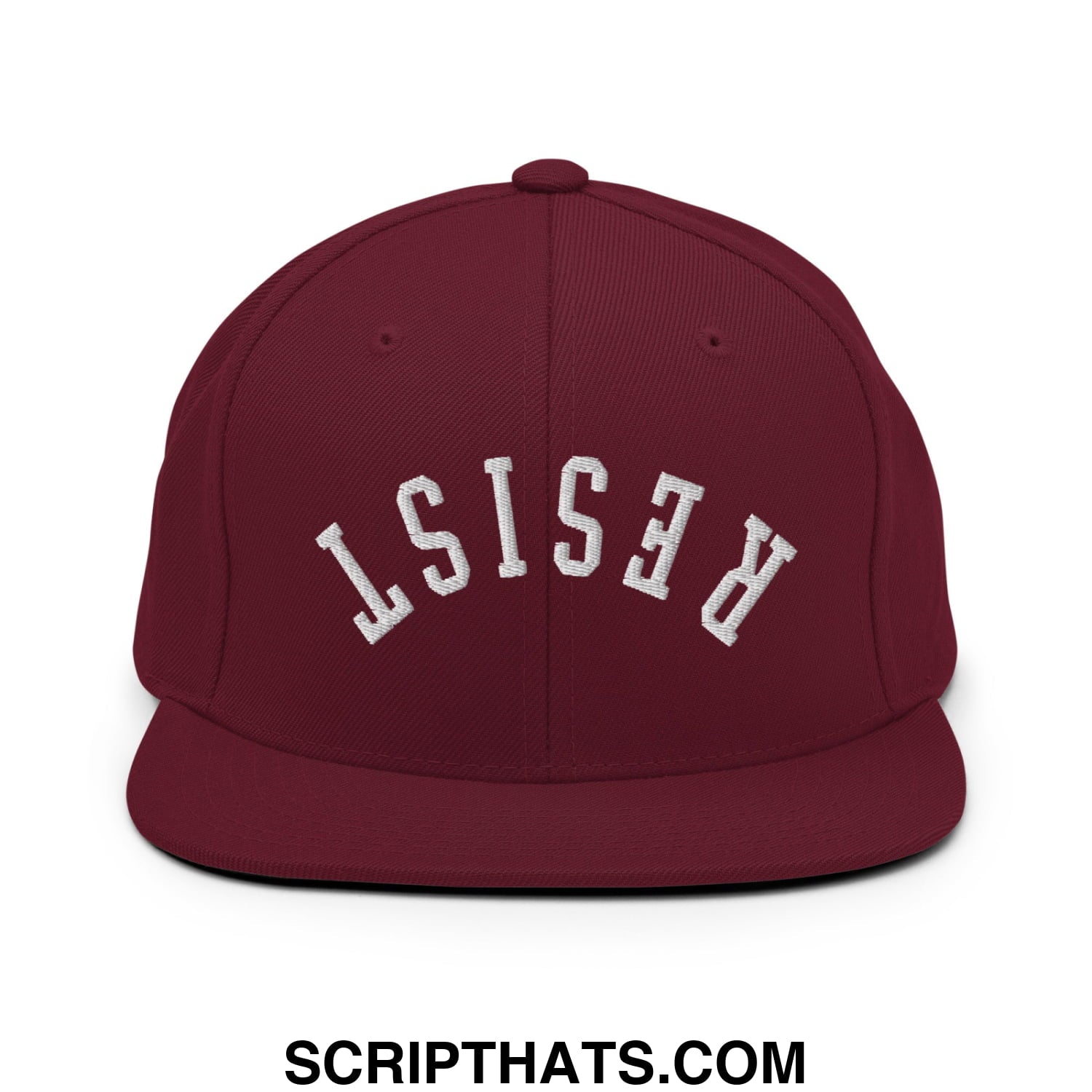 Resist Upside Down Embroidered Flat Bill Brim Snapback Hat Maroon