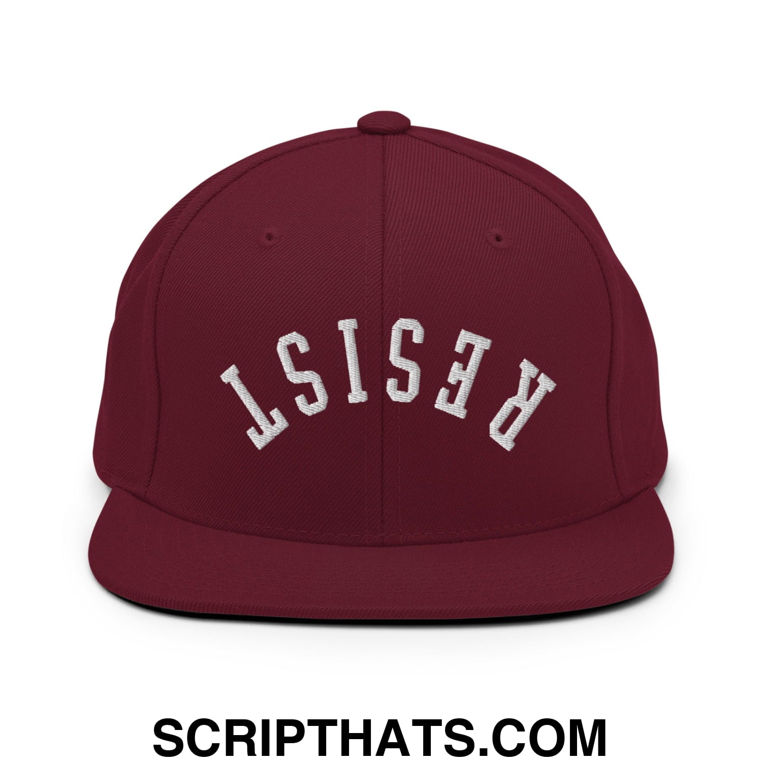 Resist Upside Down Embroidered Flat Bill Brim Snapback Hat Maroon