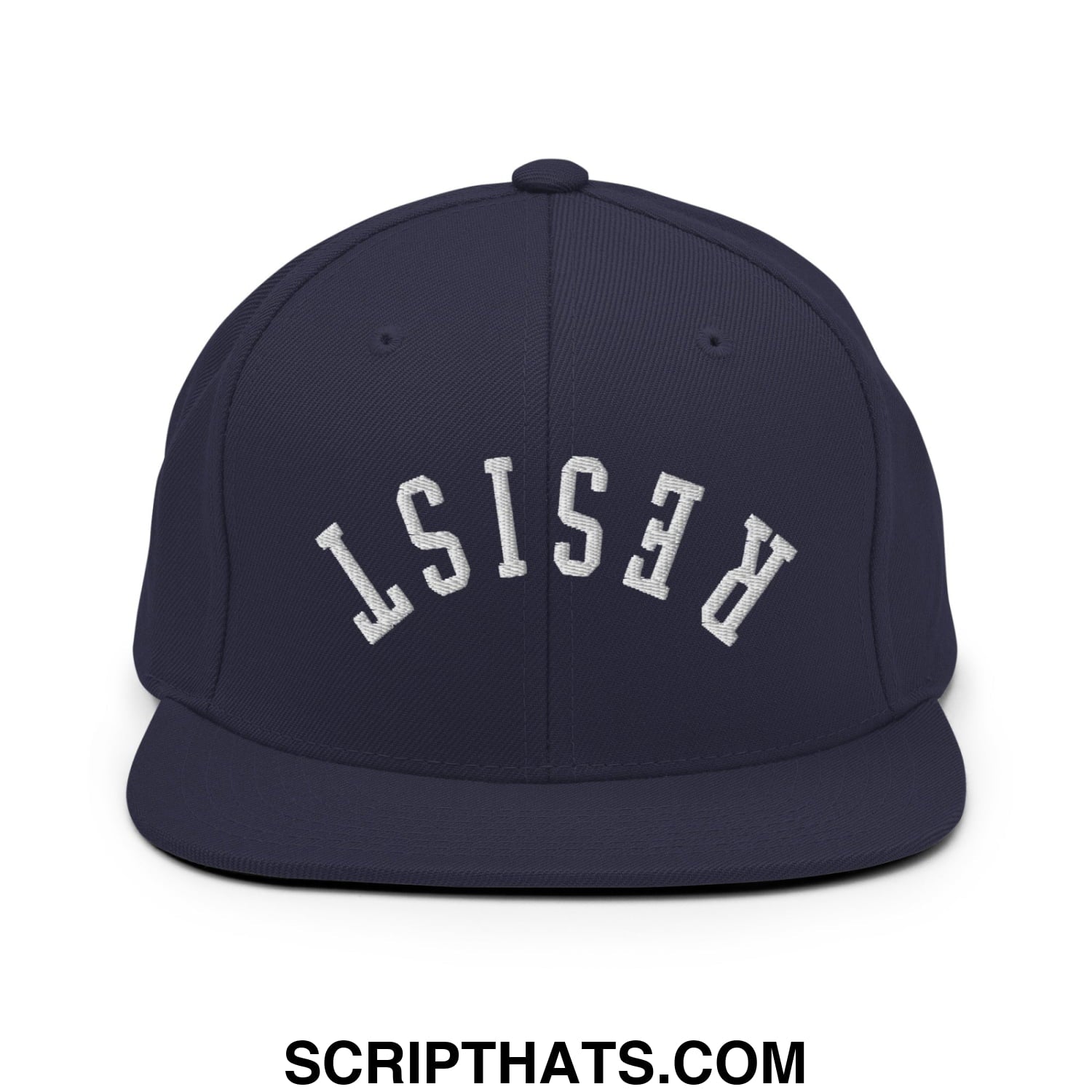 Resist Upside Down Embroidered Flat Bill Brim Snapback Hat Navy