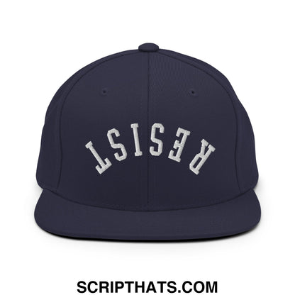 Resist Upside Down Embroidered Flat Bill Brim Snapback Hat Navy