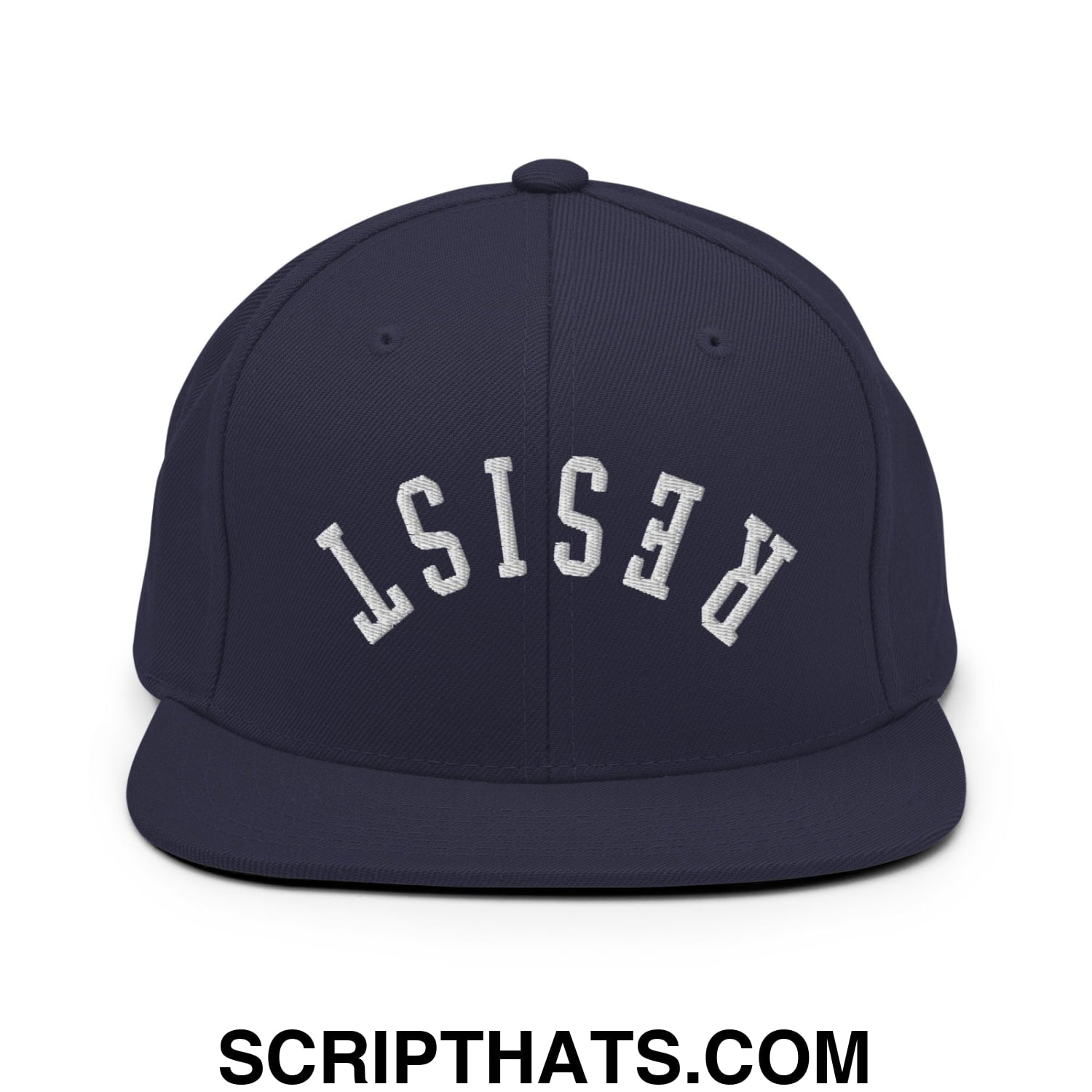 Resist Upside Down Embroidered Flat Bill Brim Snapback Hat Navy