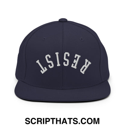 Resist Upside Down Embroidered Flat Bill Brim Snapback Hat Navy