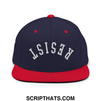 Resist Upside Down Embroidered Flat Bill Brim Snapback Hat Navy Red