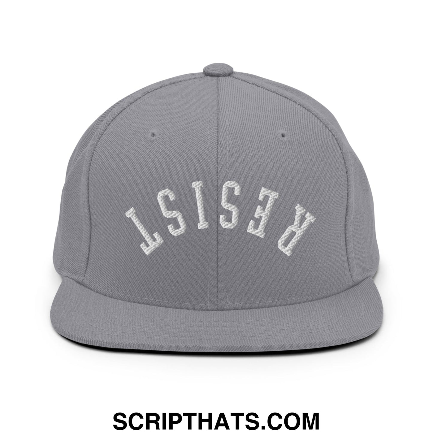 Resist Upside Down Embroidered Flat Bill Brim Snapback Hat Silver
