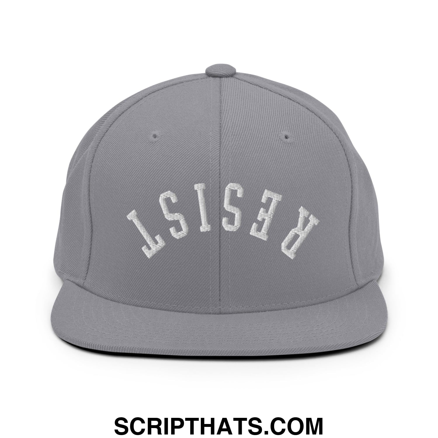 Resist Upside Down Embroidered Flat Bill Brim Snapback Hat Silver