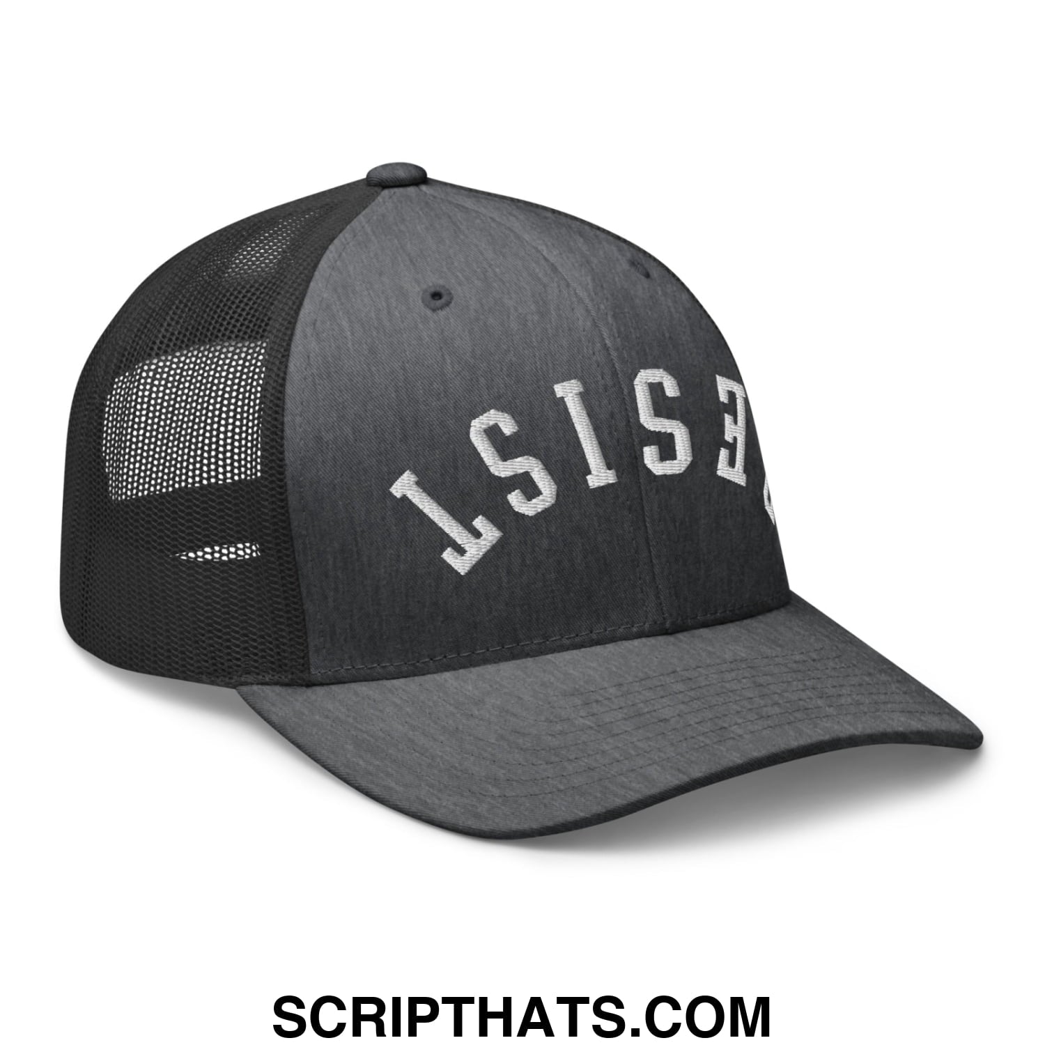 Resist Upside Down Embroidered Mesh Trucker Hat Dark Heather Gray