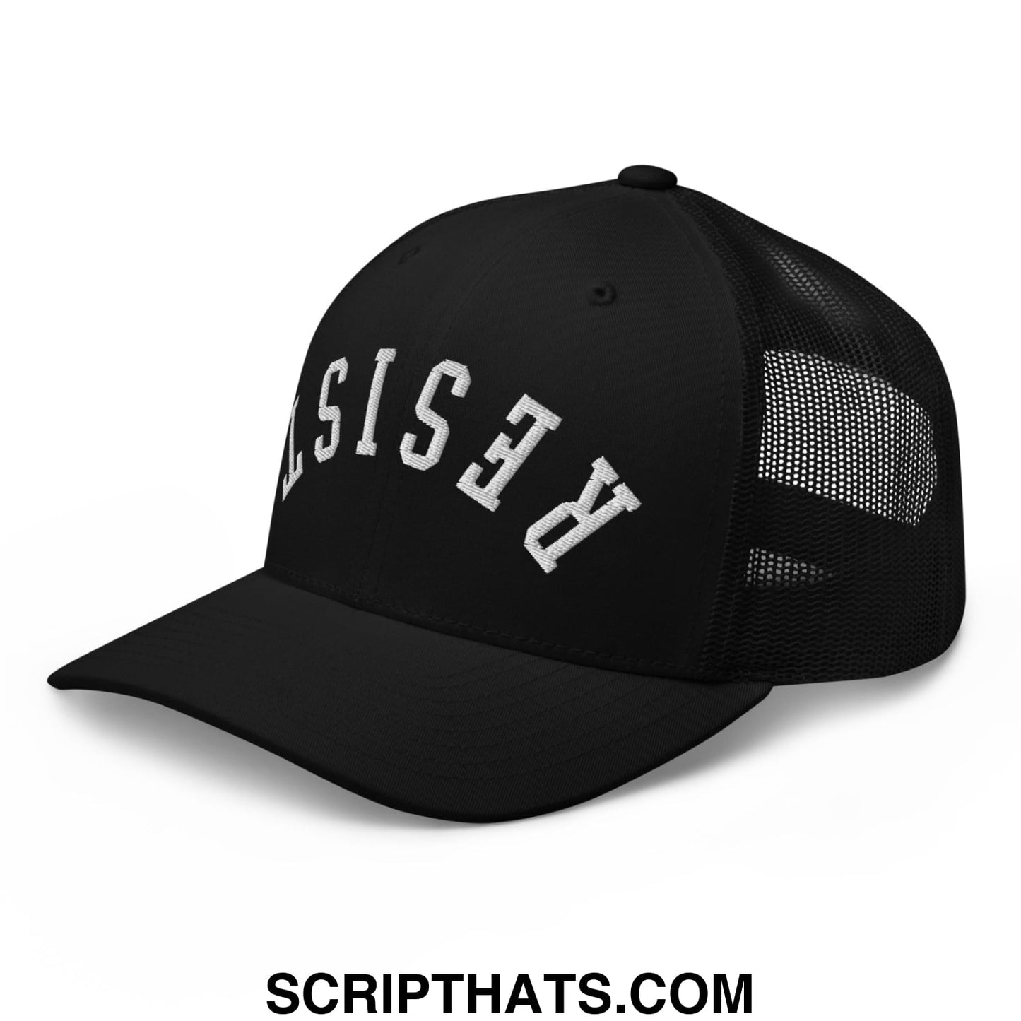 Resist Upside Down Embroidered Mesh Trucker Hat Black