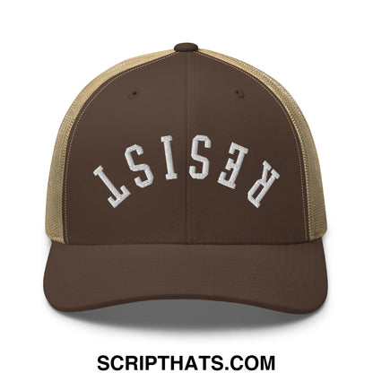 Resist Upside Down Embroidered Mesh Trucker Hat Brown Khaki