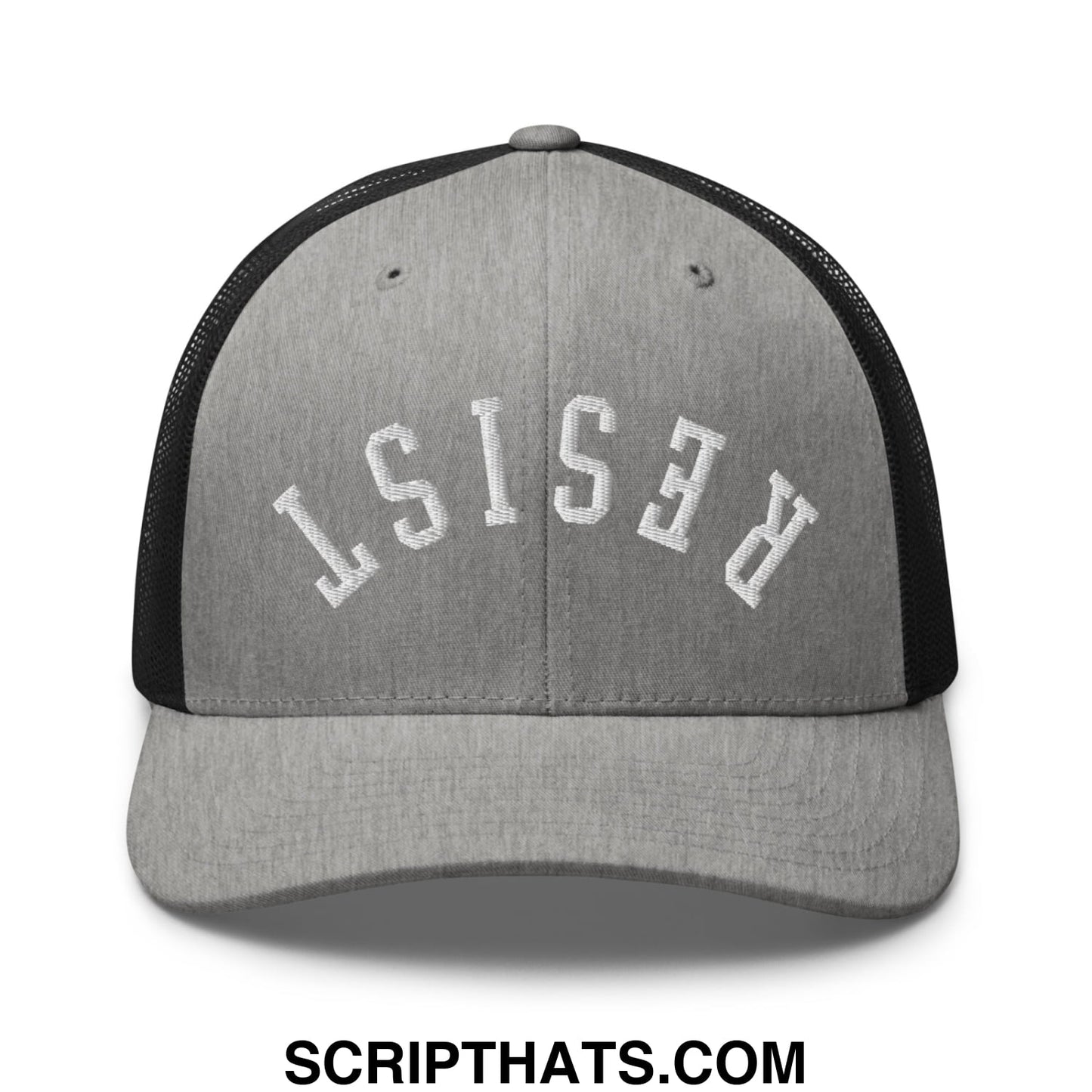 Resist Upside Down Embroidered Mesh Trucker Hat Heather Black
