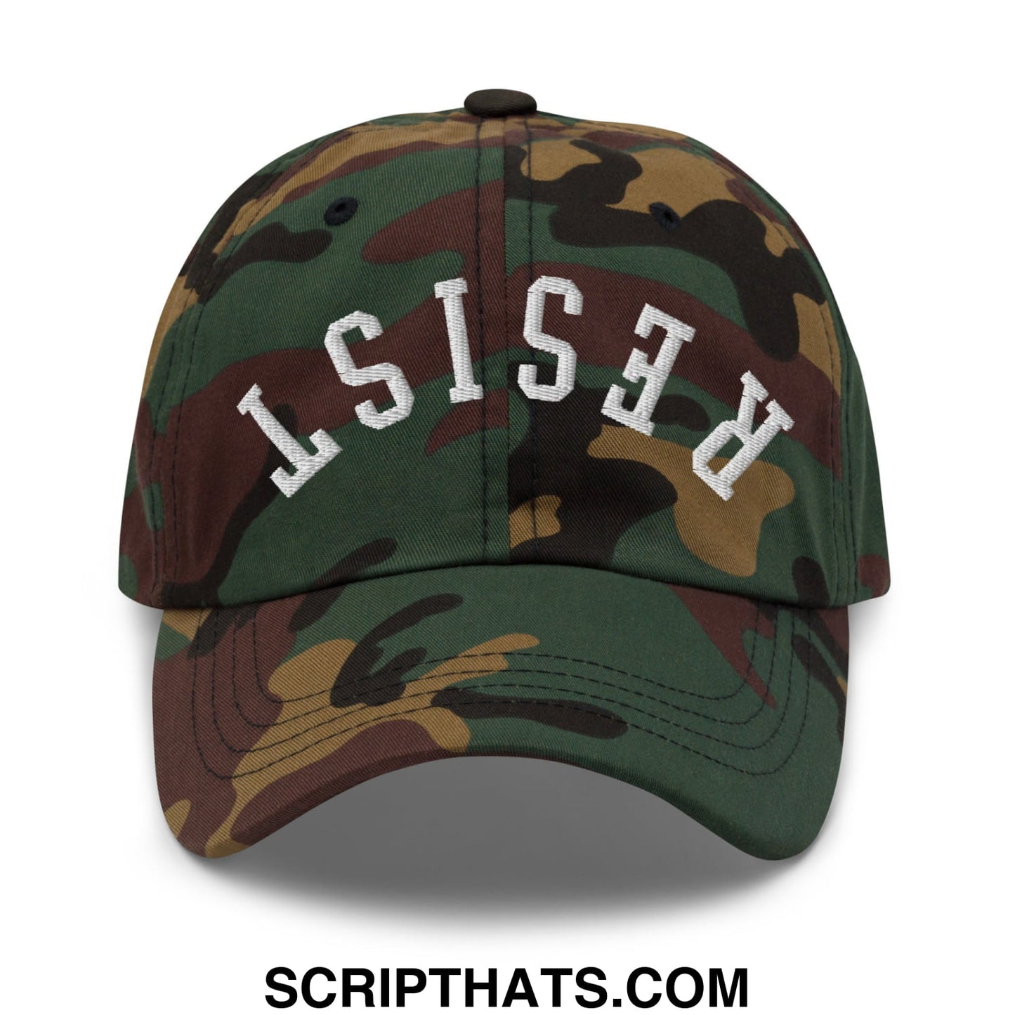 Resist Upside Down Embroidered Unstructured Dad Hat Green Camo