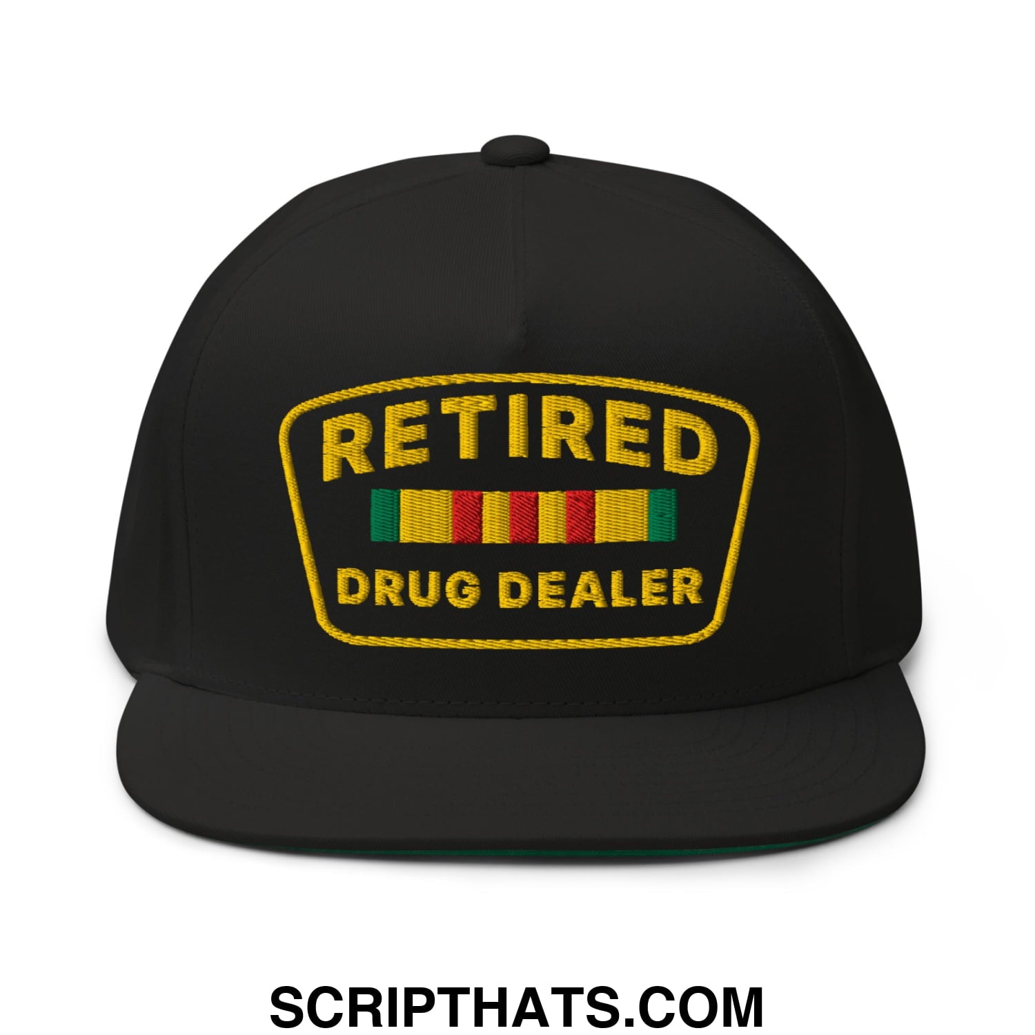 Black snapback hat with gold embroidered retired drug dealer patch above colorful striped ribbons flat bill brim