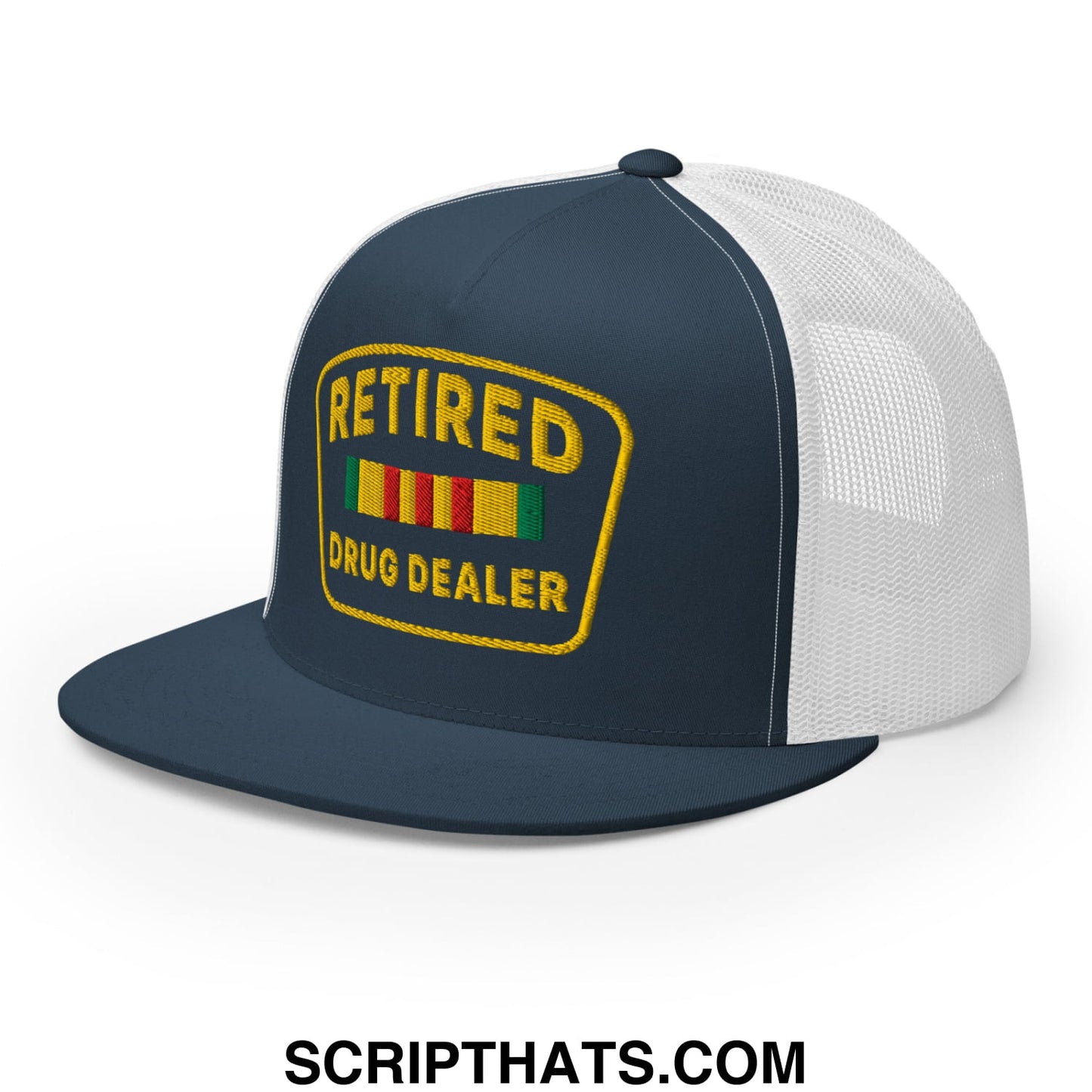 Navy blue and white mesh trucker hat with yellow embroidered retired drug dealer patch and colorful stripes flat bill brim